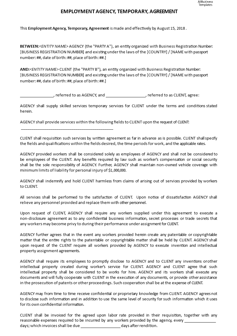 temporary employment agency agreement template
