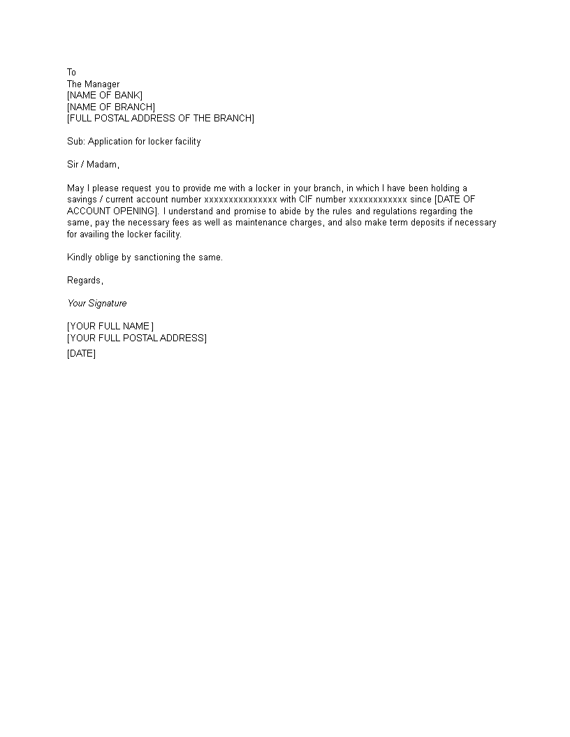 bank application for locker letter format voorbeeld afbeelding 