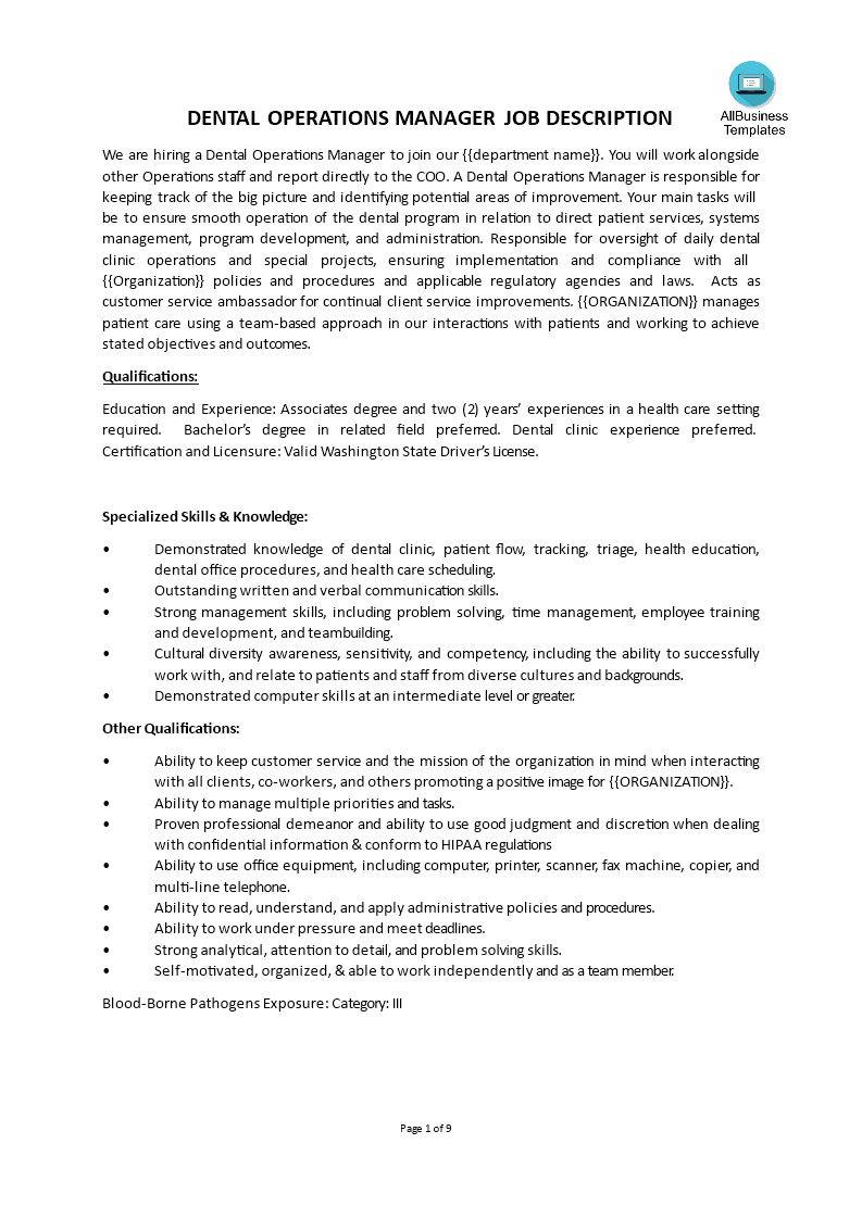 dentist operation manager job description template