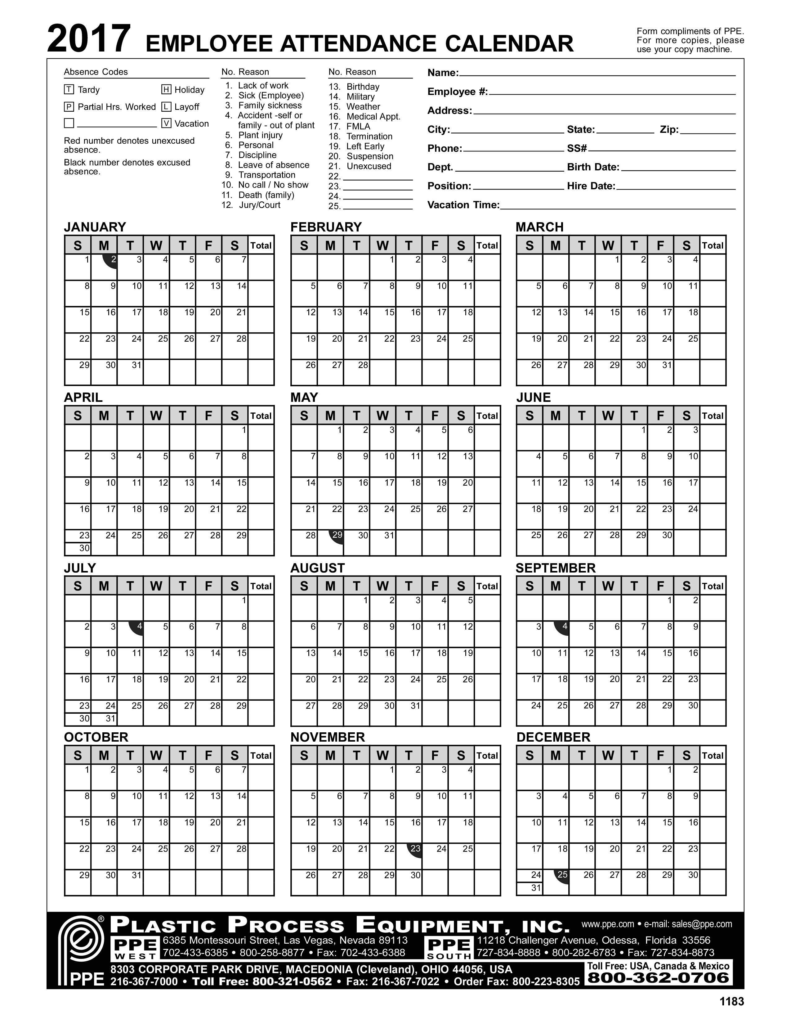 annual employee attendance calendar voorbeeld afbeelding 