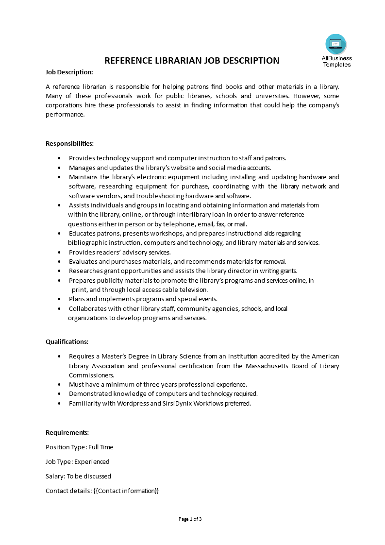 reference librarian job description voorbeeld afbeelding 