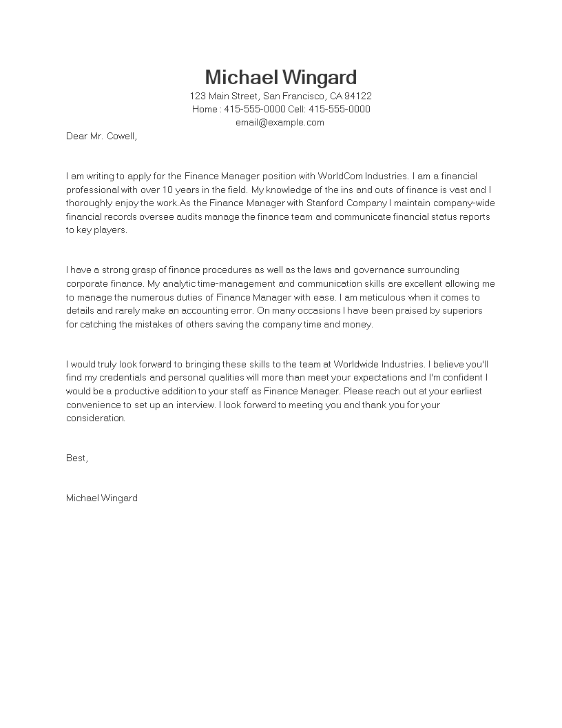 financial manager cover letter examples