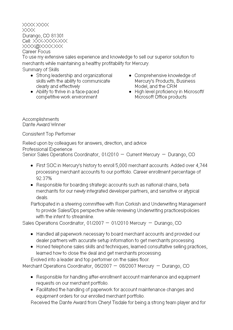 Sales Operations Coordinator Resume 模板