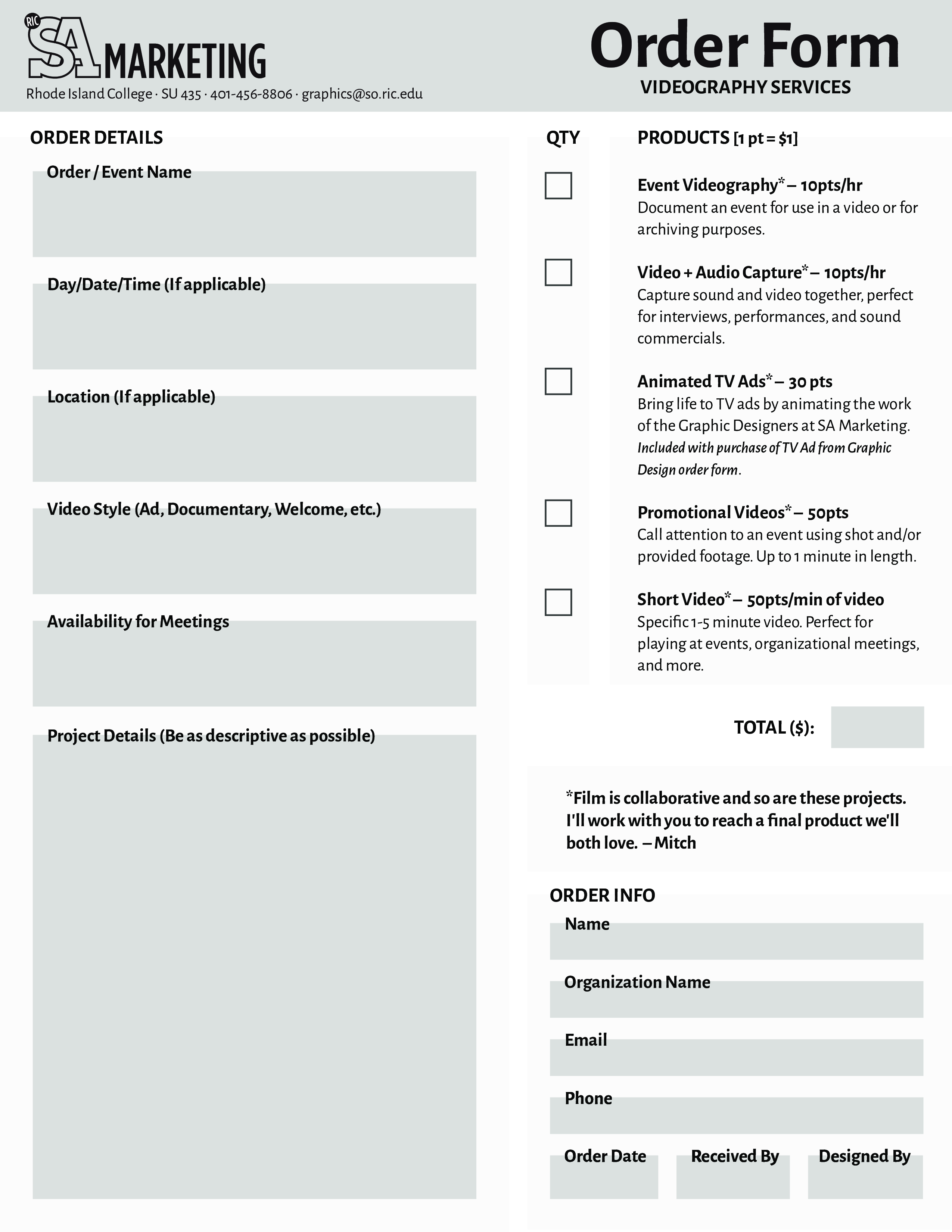 samarketing videography orderform template