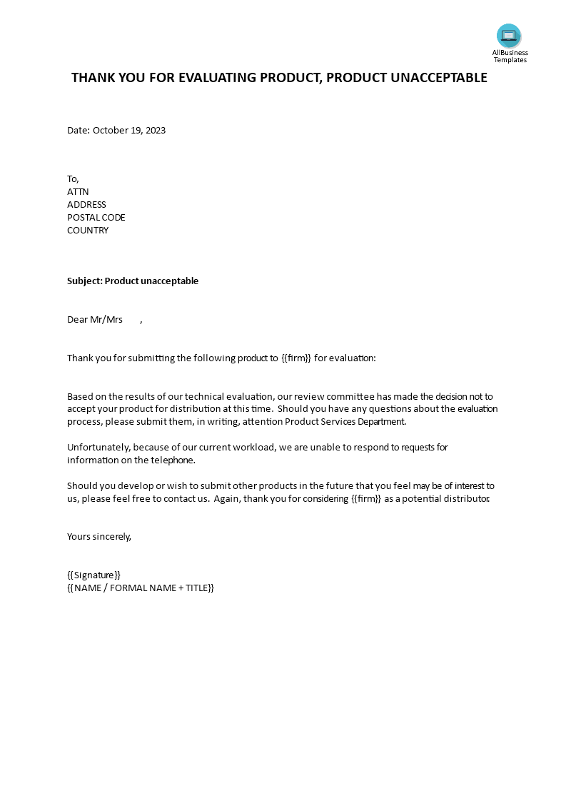 polite rejection letter unacceptable product template