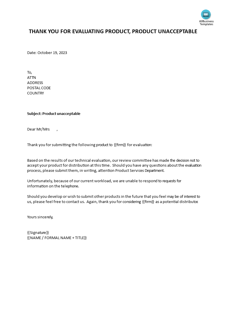 polite rejection letter unacceptable product voorbeeld afbeelding 