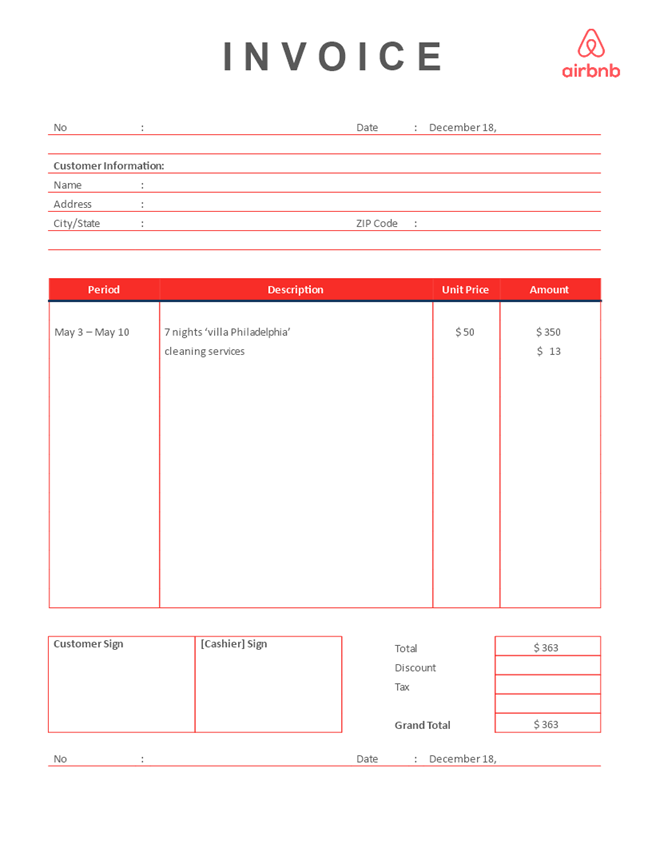 airbnb rental invoice template template