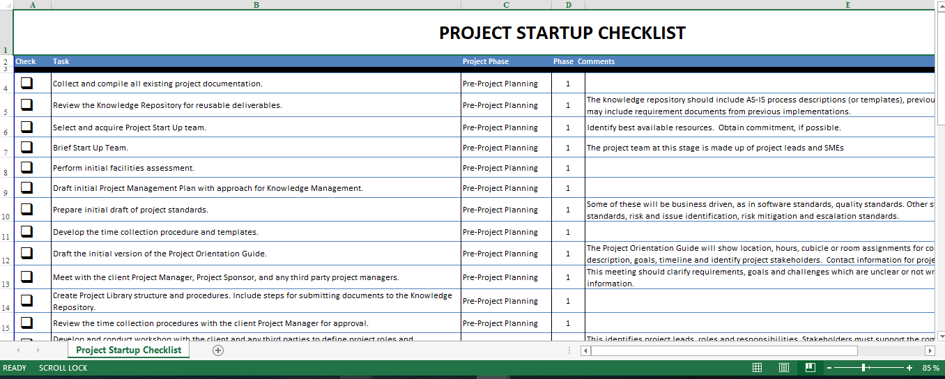 project startup checklist excel modèles