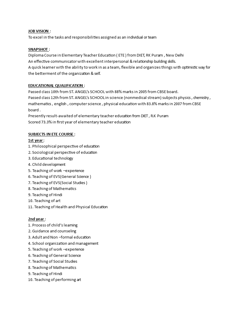 Best Resume Format For Fresher Teacher main image