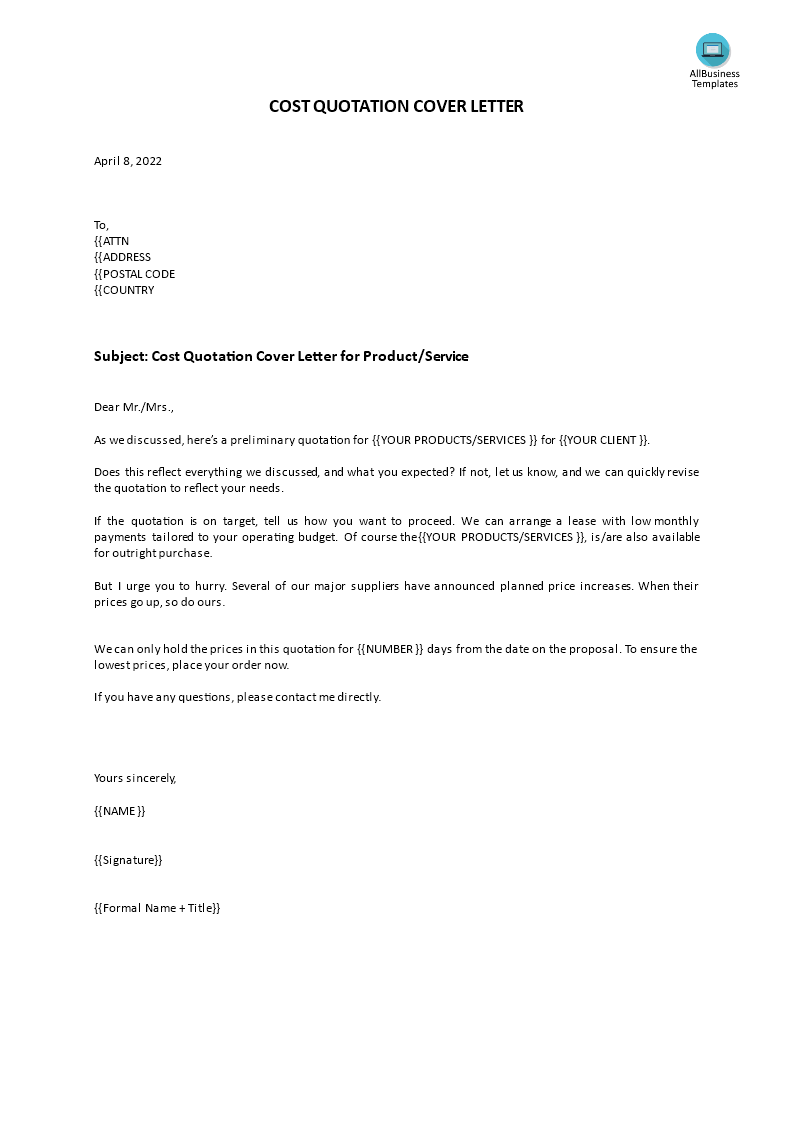 sample cover letter for sending quotation