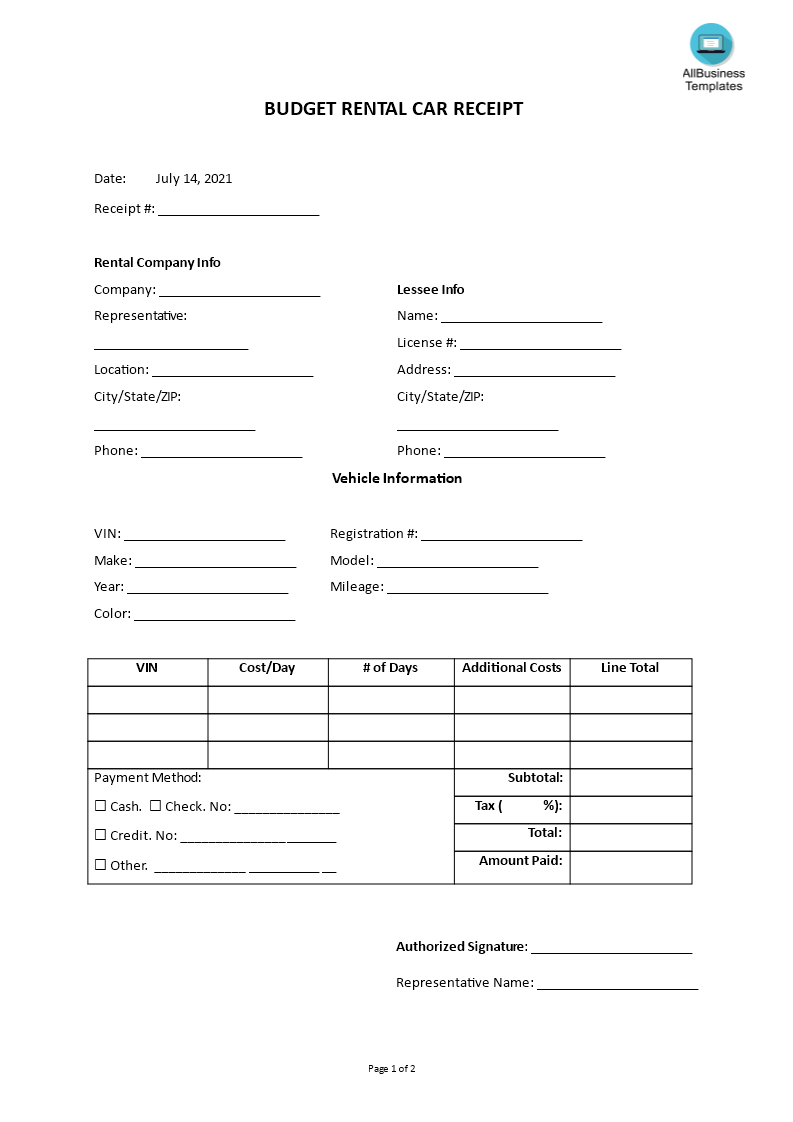 budget rental car receipt template