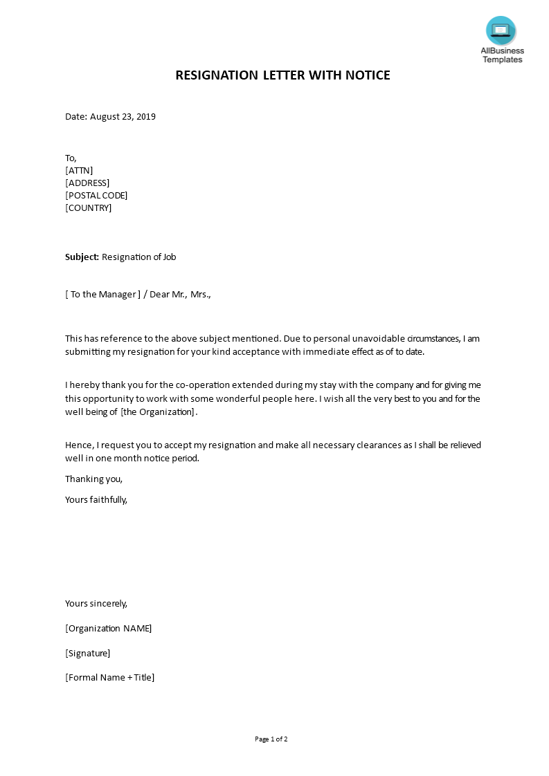 Kostenloses Resignation Letter Format With Notice Period