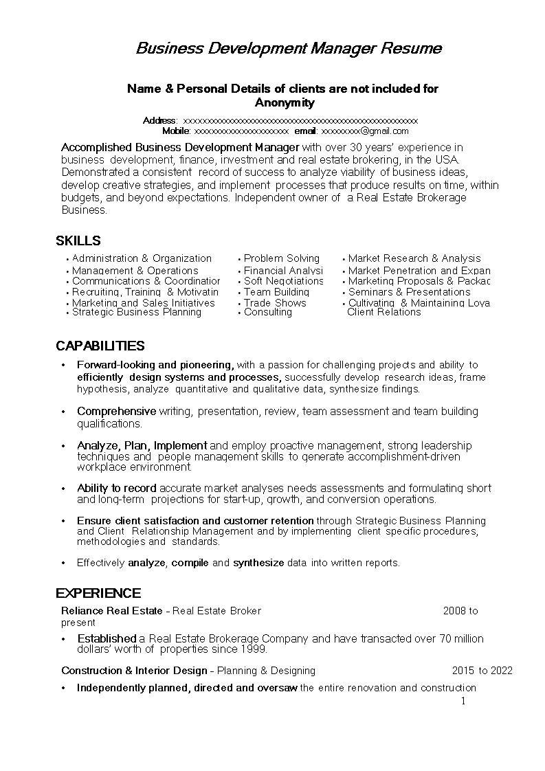 Business Development Manager Position Resume sample ...