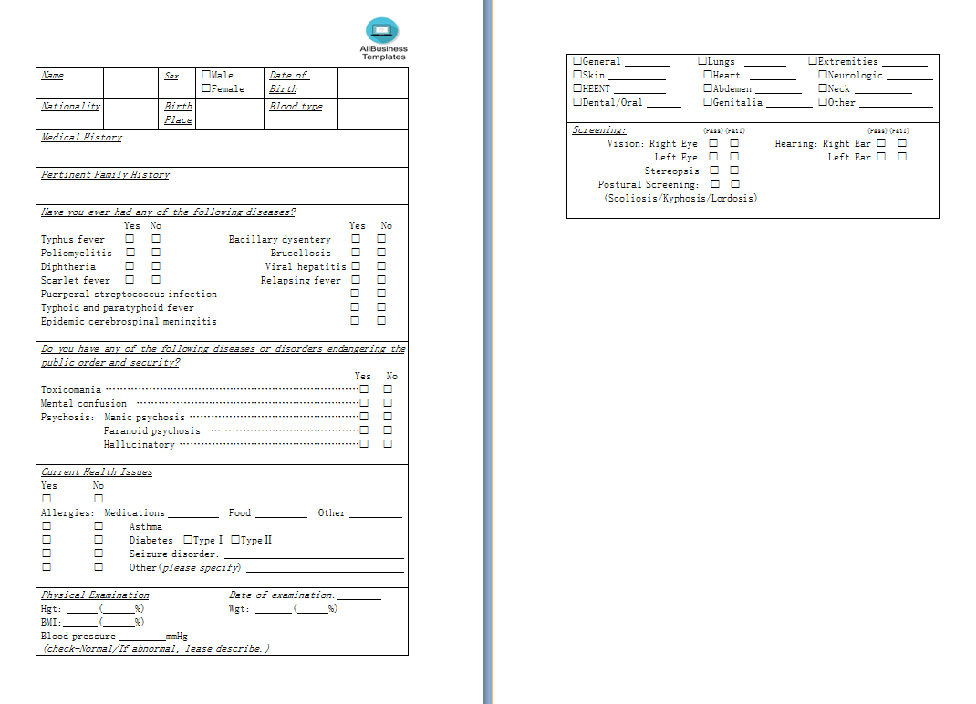 employee health exam form Hauptschablonenbild