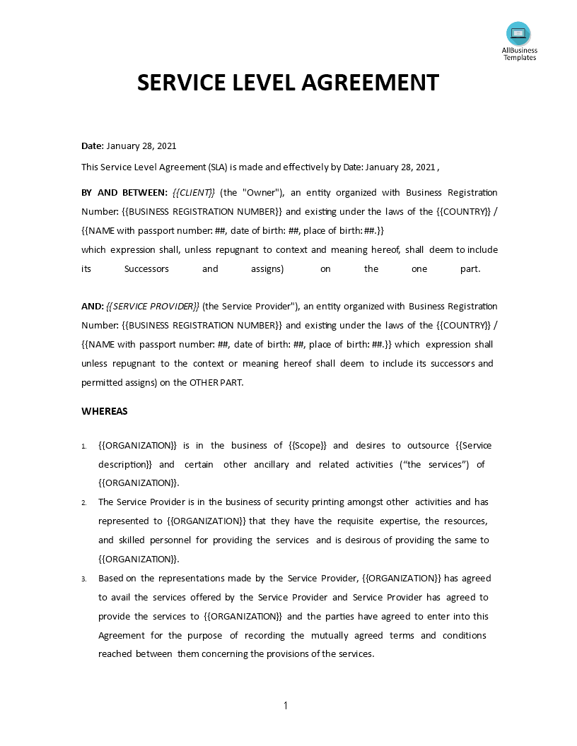 Service Level Agreement template 模板