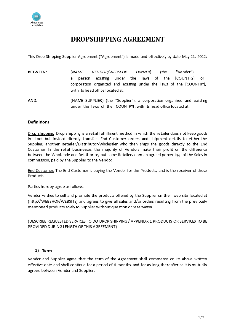 drop shipping agreement template template