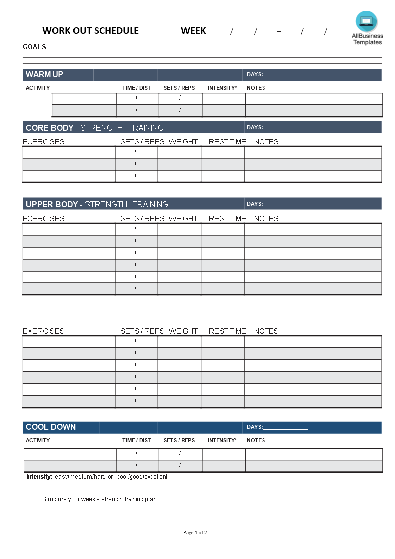 work-out chart template voorbeeld afbeelding 