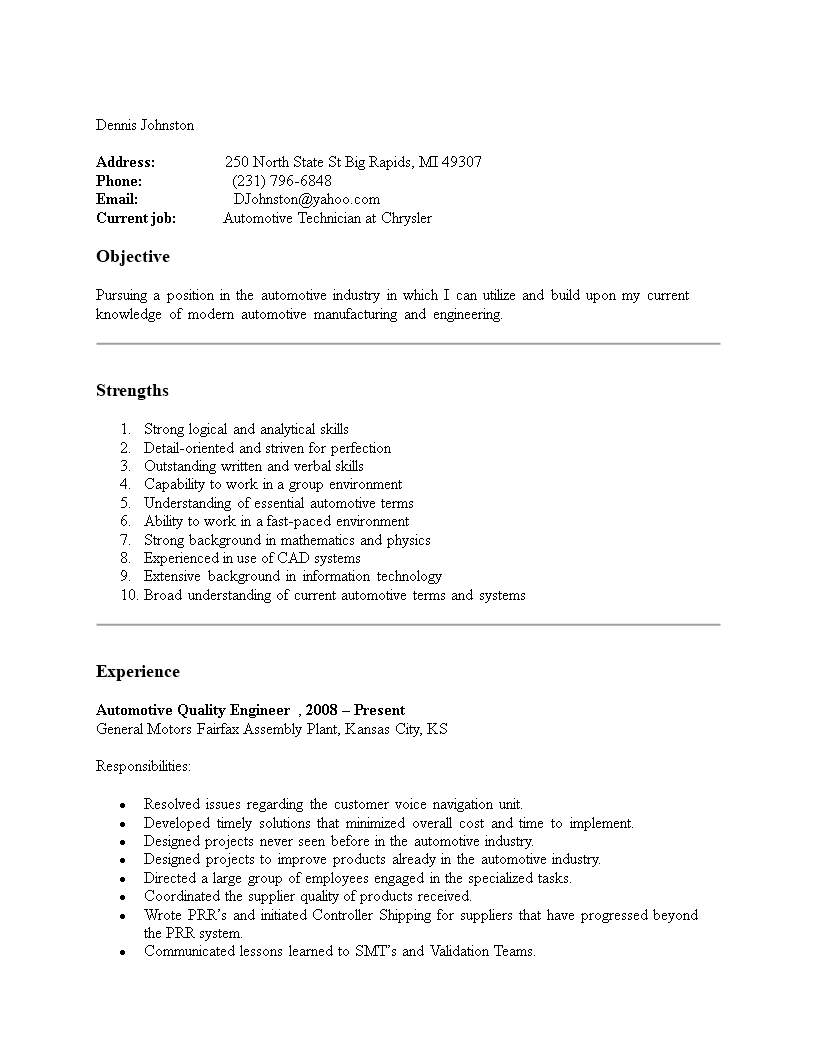 automotive technician engineering resume template