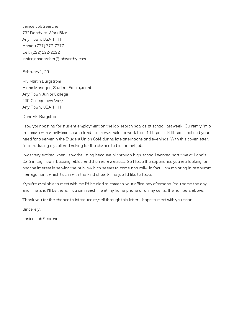 Cover Letter for Student Job 模板