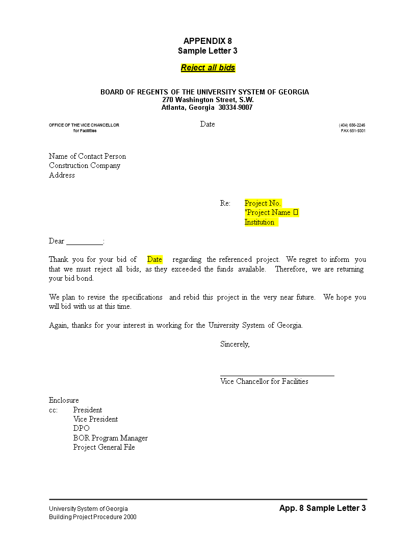 Construction Bid Rejection letter main image