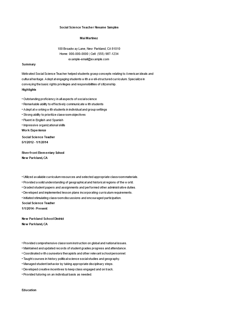 printable social science teacher resume sample template