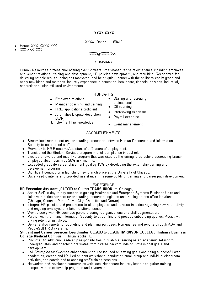 hr executive assistant resume plantilla imagen principal