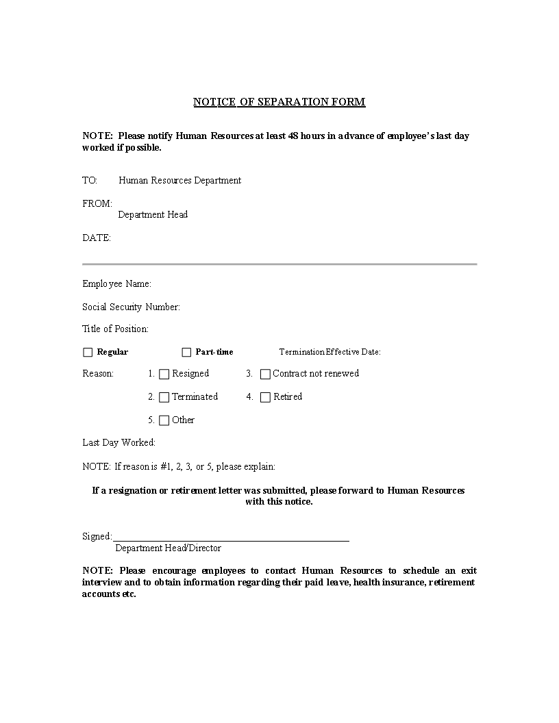 HR Notice Of Separation Form main image