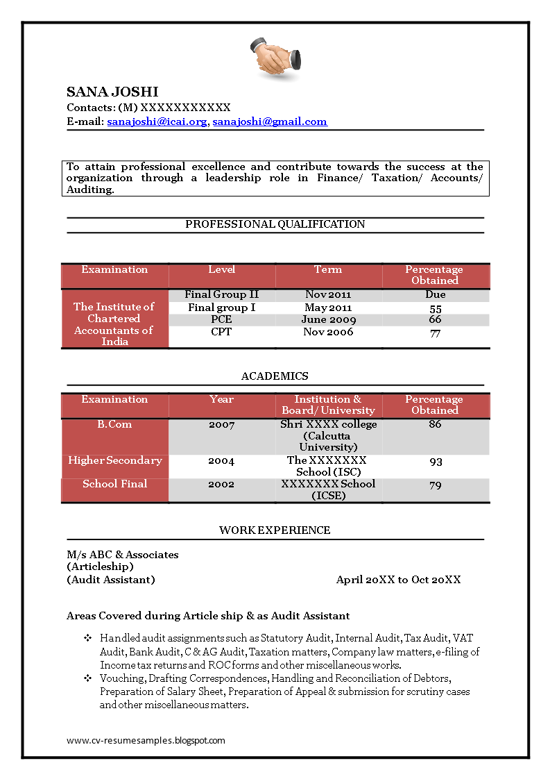 resume format for accountant job for fresher