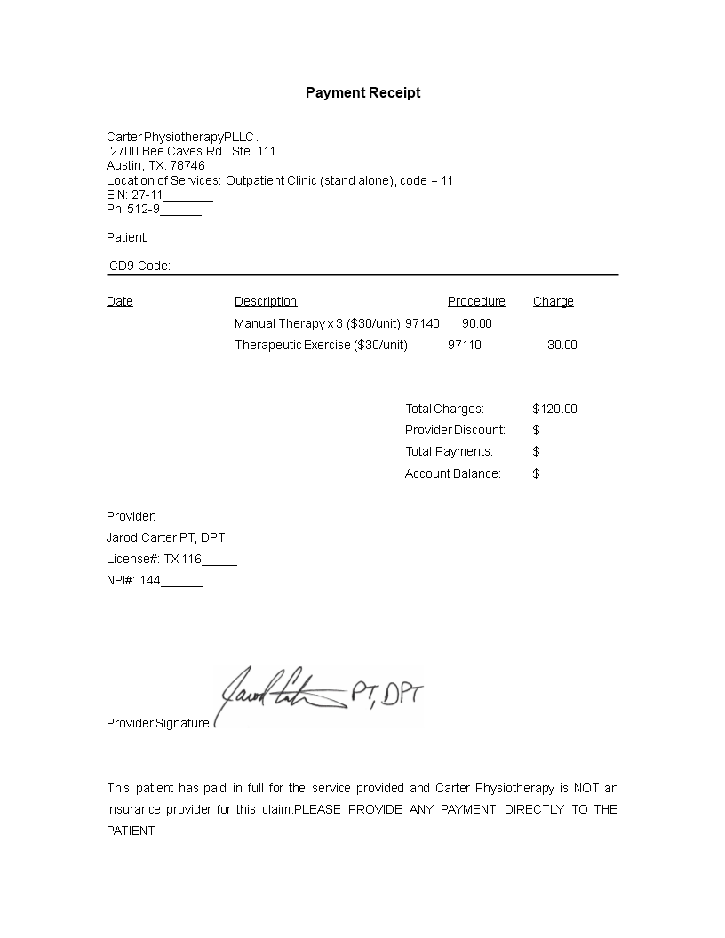 Example of Payment Receipt template 模板