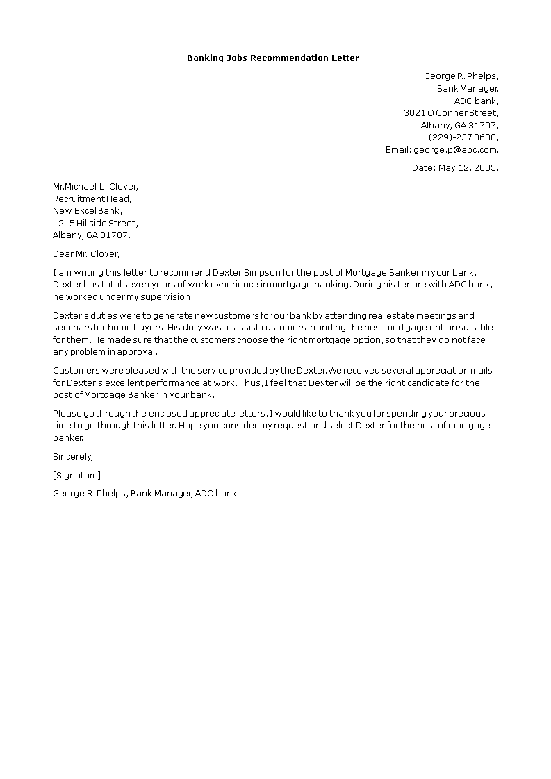 banking jobs recommendation letter template