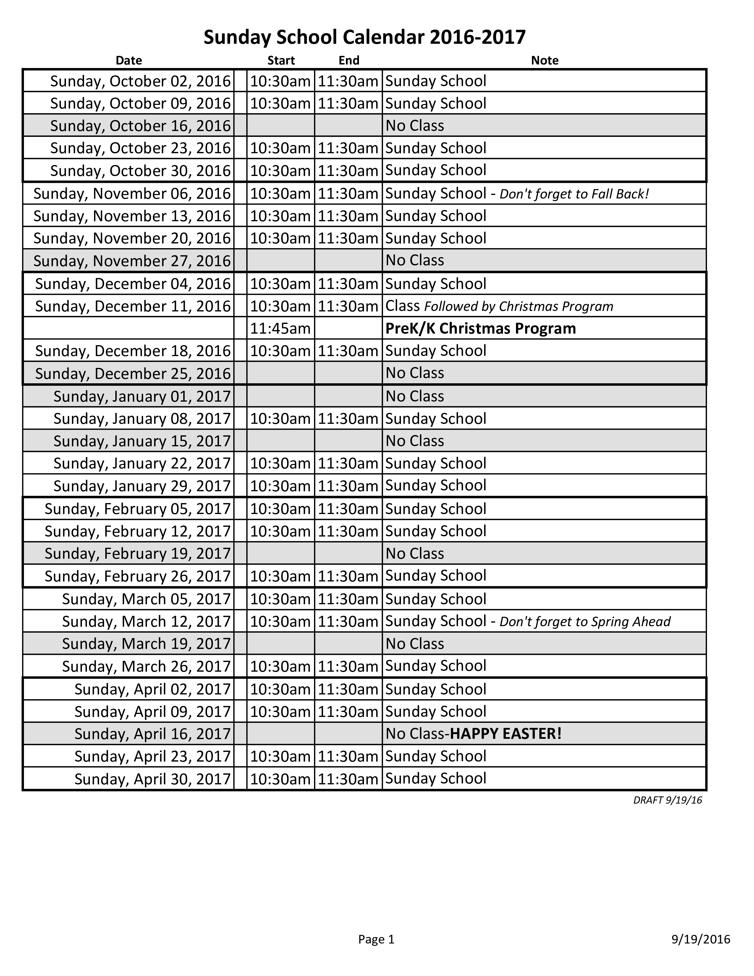 Sunday School Calendar Templates at