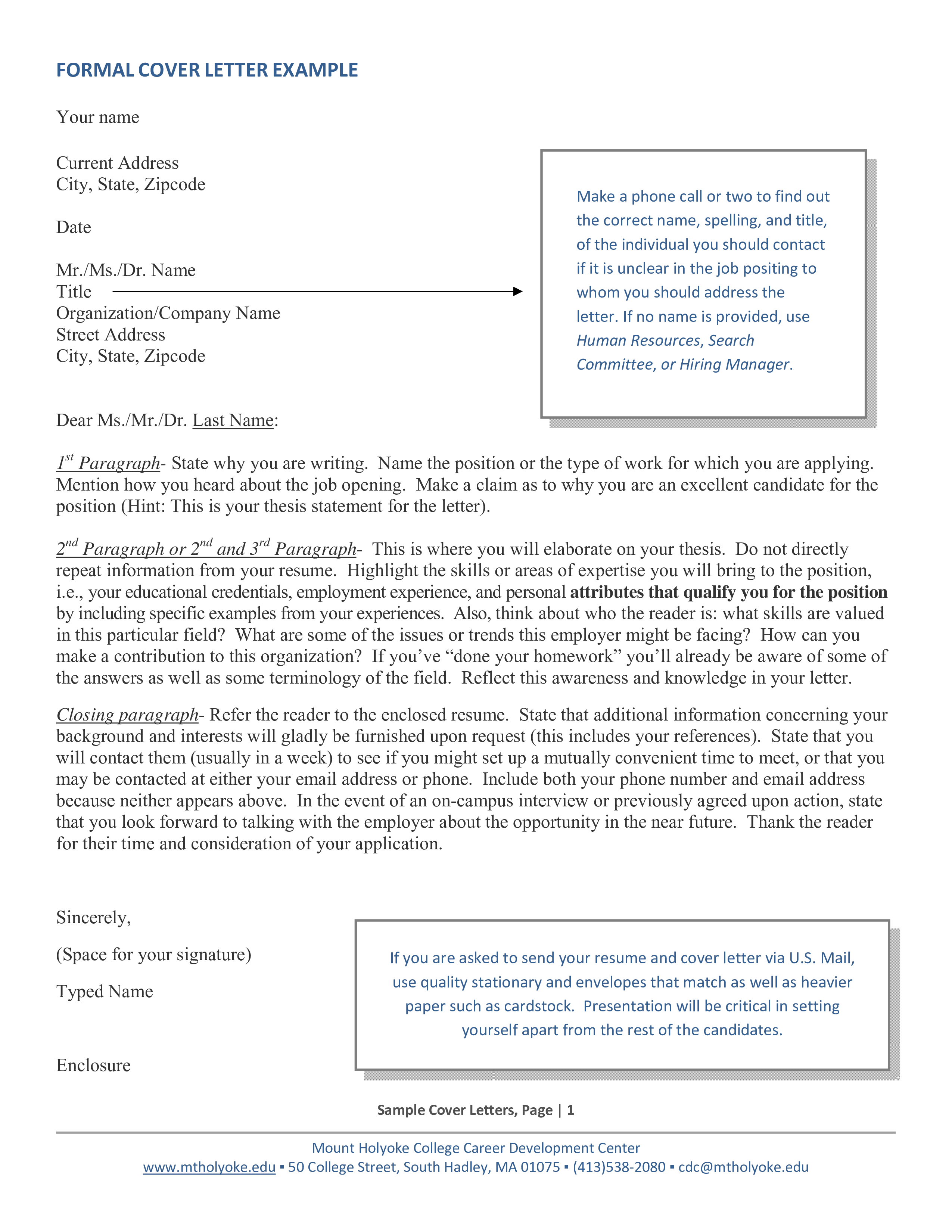 sample formal cover letter template