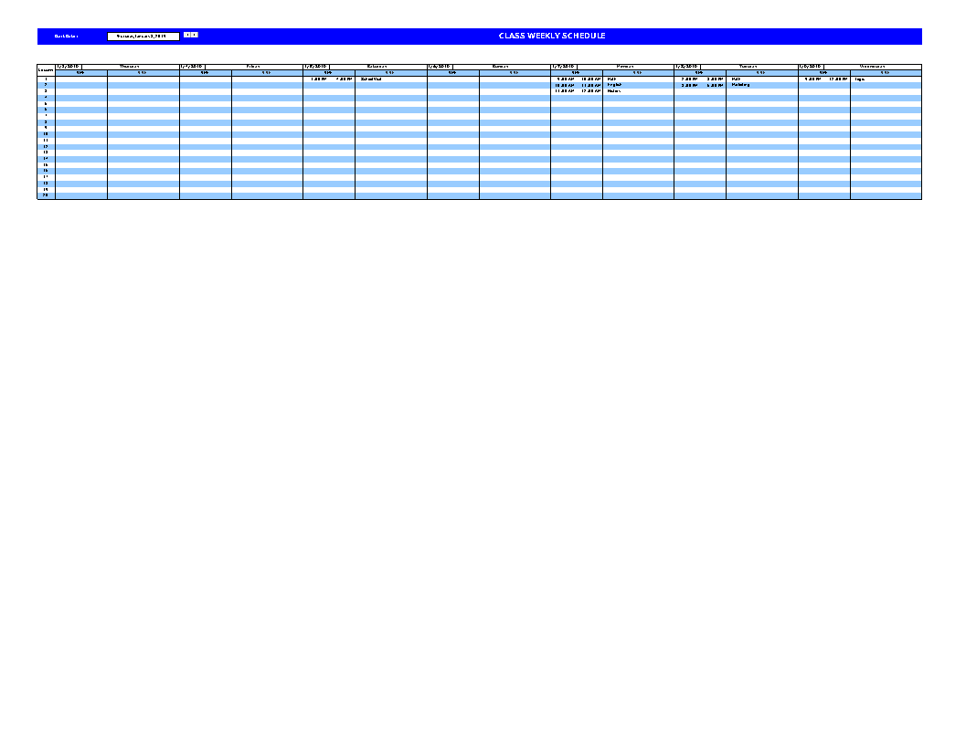 weekly class schedule spreadsheet voorbeeld afbeelding 