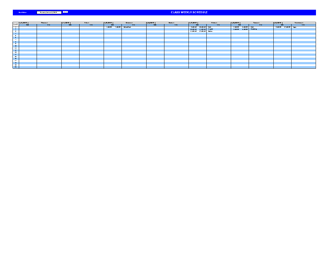 weekly class schedule spreadsheet Hauptschablonenbild