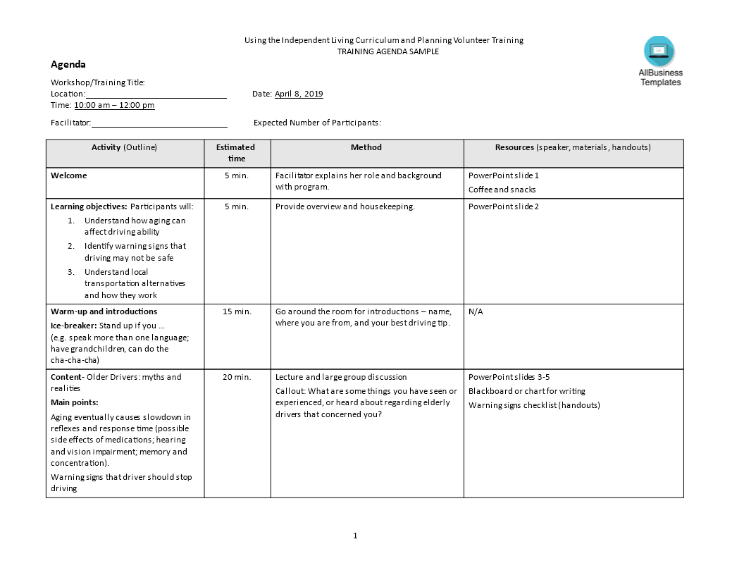 training agenda template in word Hauptschablonenbild