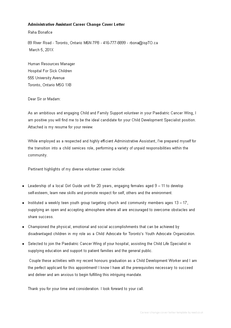 administrative assistant career change cover letter template