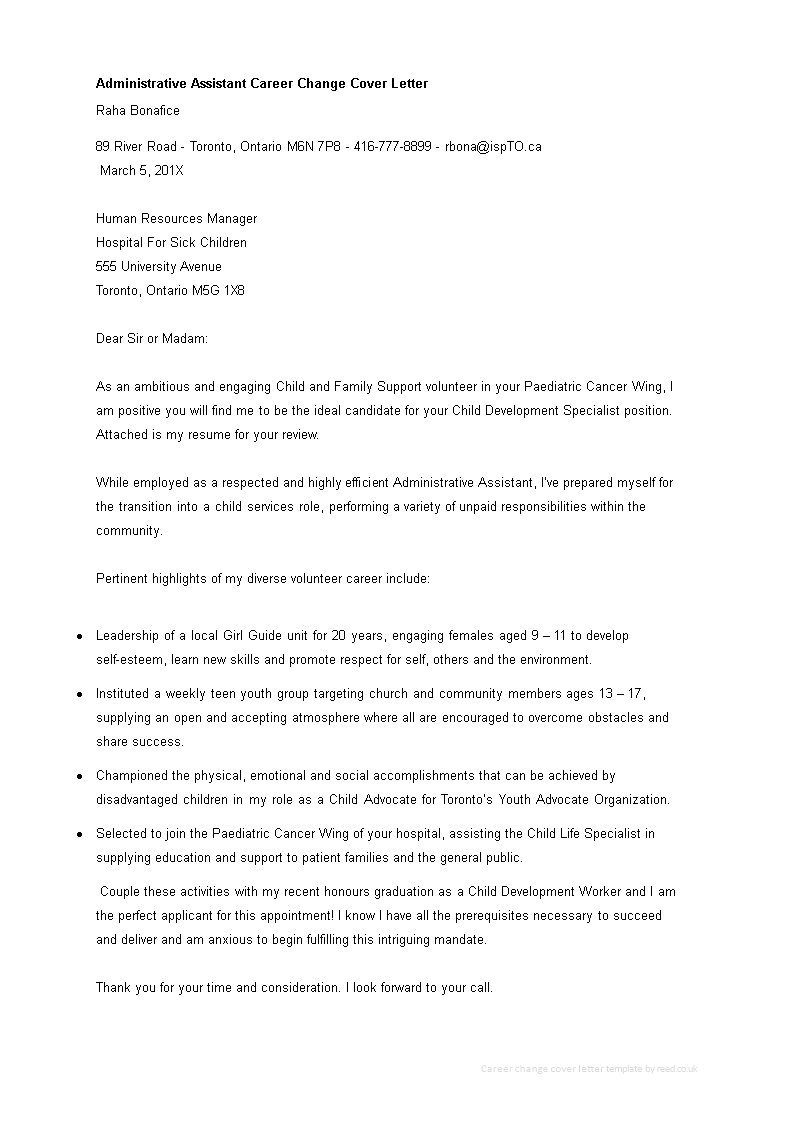 administrative assistant career change cover letter modèles