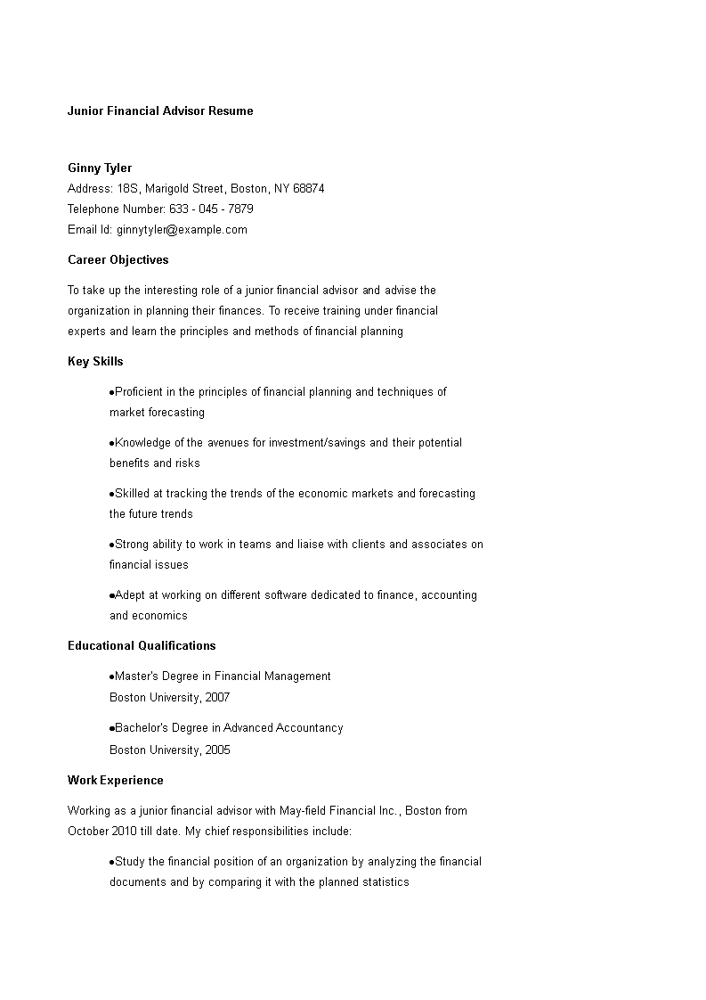 Junior Financial Advisor Resume main image