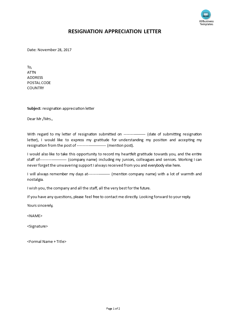 resignation thank you letter template