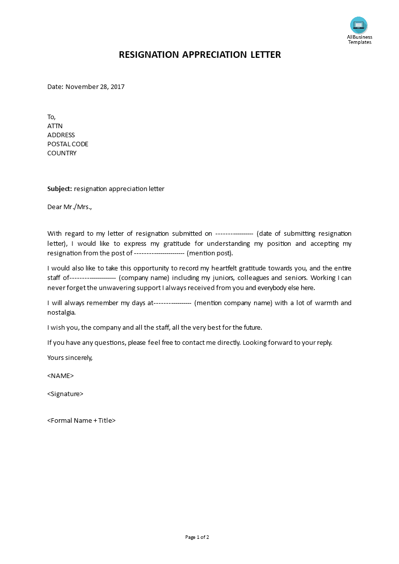 Resignation Thank You Letter main image