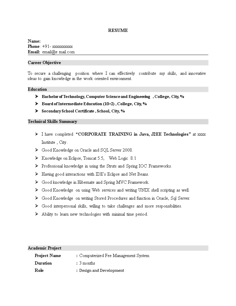 fresher core java resume template