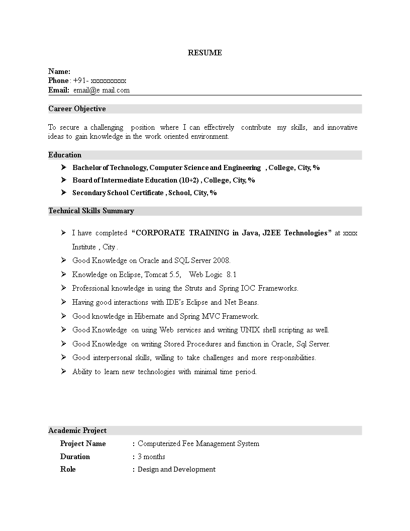 Fresher Core Java Resume main image