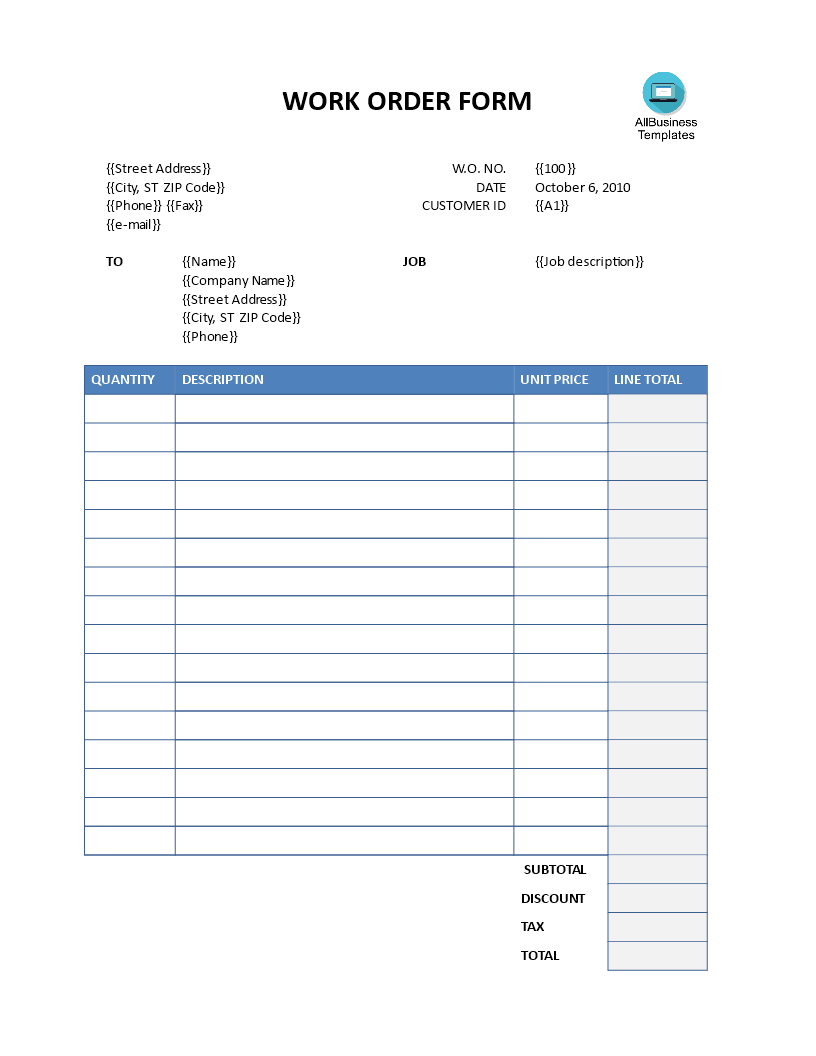 work order form modèles