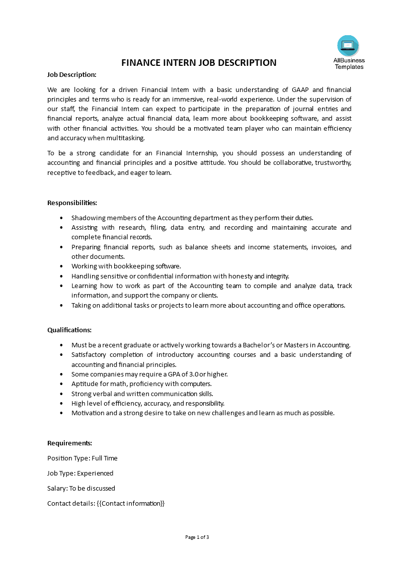 finance intern job description voorbeeld afbeelding 