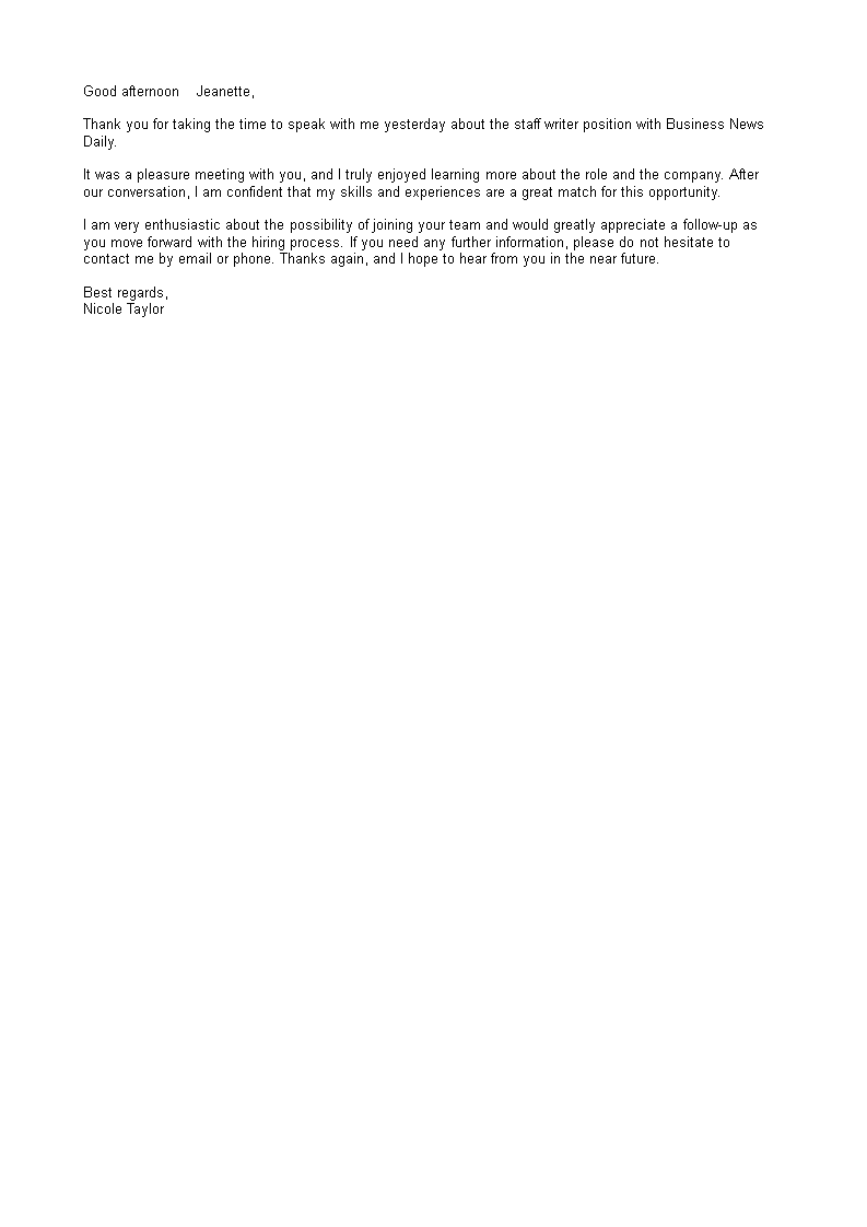 business interview thank you letter example template