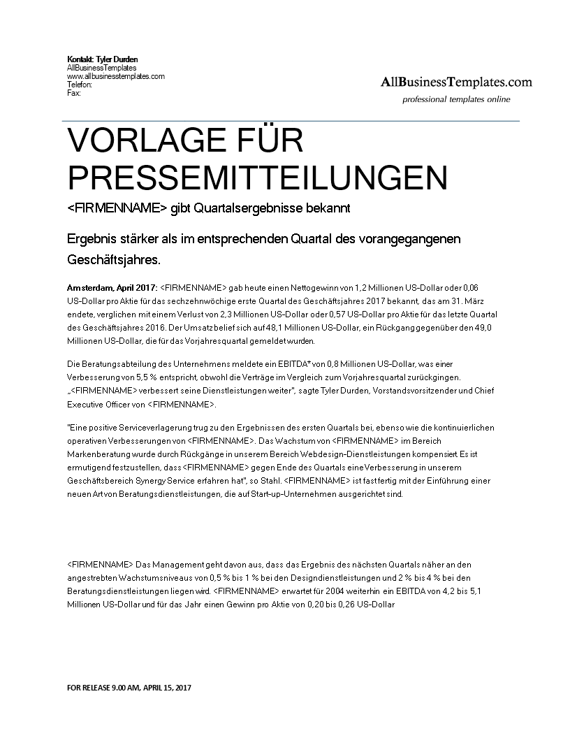 Offizielle Pressemitteilung Quartalsergebnis main image