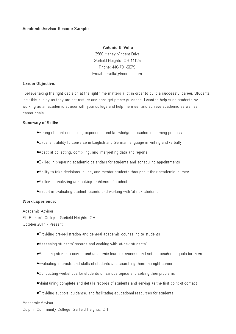 academic advisor resume modèles