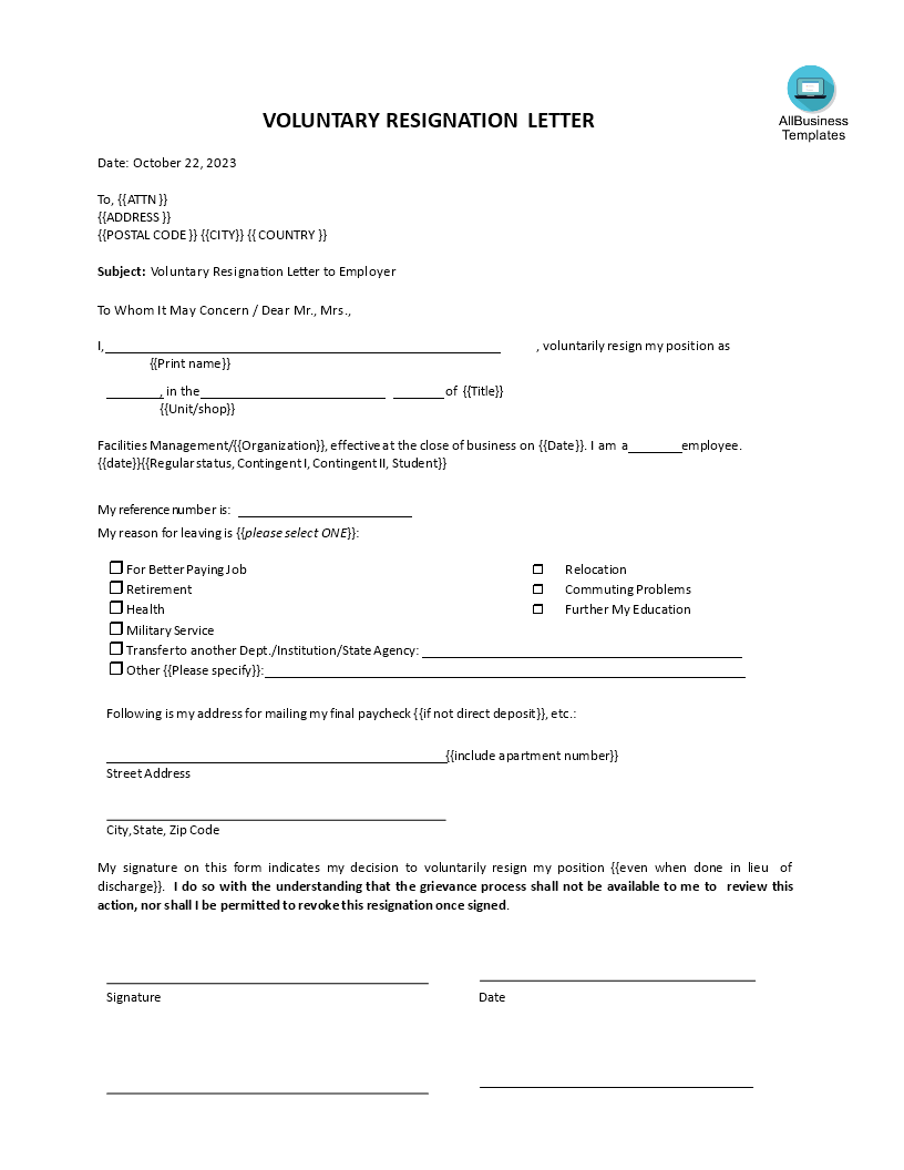 voluntary resignation letter to employer template