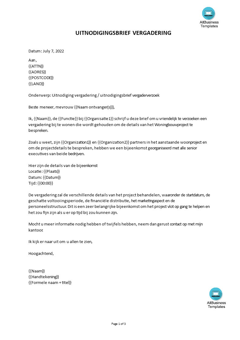 uitnodigingsbrief vergadering voorbeeld afbeelding 