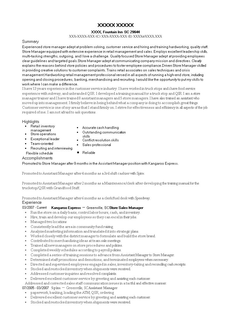 store sales manager resume modèles